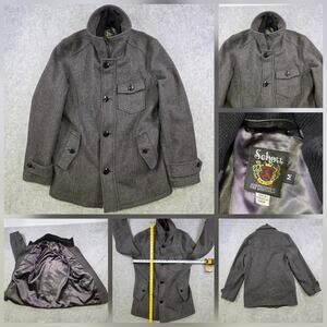Schott‎ Wool Coat Jacket Mens Medium Gray Stand Collar Flap Pocket Button Front